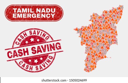 Vector collage of hazard Tamil Nadu State map and red round textured Cash Saving stamp. Emergency Tamil Nadu State map mosaic of flame, energy strike items. Vector composition for emergency services,