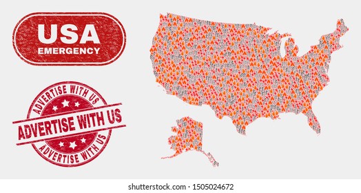 Vector collage of hazard USA with Alaska map and red rounded textured Advertise with Us seal stamp. Emergency USA with Alaska map mosaic of destruction, power hazard icons.