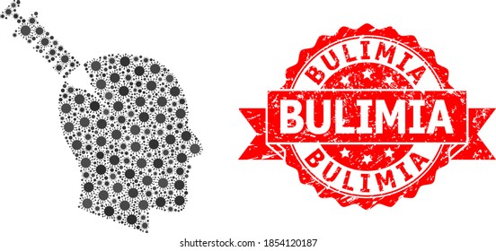 Vector collage head injection of covid-2019 virus, and Bulimia dirty ribbon stamp seal. Virus items inside head injection collage. Red stamp seal includes Bulimia text inside ribbon.