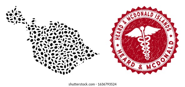 Vector collage Heard and McDonald Islands map and red rounded distressed stamp seal with serpents sign. Heard and McDonald Islands map collage constructed with oval items. Red round health care seal,