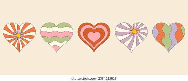 Vector collage of hearts in a trendy retro groovy 70s style. Valentine's Day design elements. Vector illustration