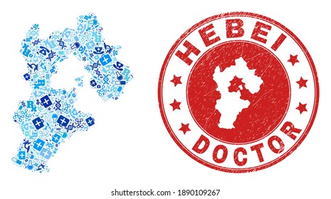 Vector collage Hebei Province map with vaccination icons, receipt symbols, and grunge health care imprint. Red round seal with scratched rubber texture and Hebei Province map word and map.