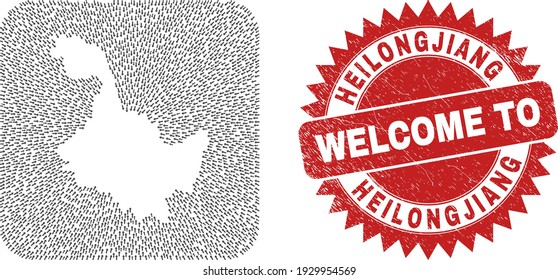 Vector collage Heilongjiang Province map of straight arrows and grunge Welcome seal.