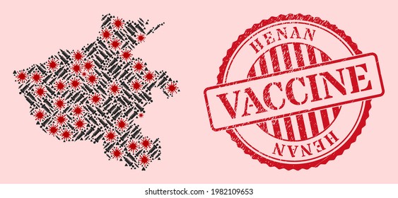 Mapa de la provincia de Henan del collage vectorial del virus covid-2019, los iconos de las jeringas y el sello de sello de la vacuna de grunge rojo. Partículas de virus y partículas de jeringa dentro del mapa de la provincia de Henan.