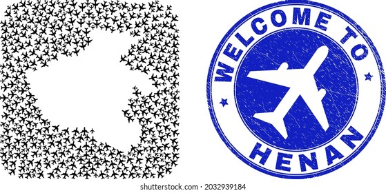 Vector collage Henan Province map of airline elements and grunge Welcome seal stamp. Collage geographic Henan Province map designed as carved shape from rounded square shape with air vehicles.