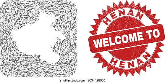 Vector collage Henan Province map of immigration arrows and scratched Welcome stamp. Collage geographic Henan Province map constructed as stencil from rounded square with pointing arrows.