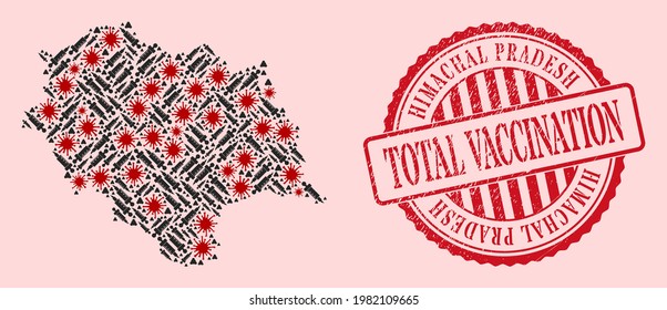 Vector collage Himachal Pradesh State map of SARS virus, syringe icons, and red grunge vaccination stamp. Virus particles and vaccination particles inside Himachal Pradesh State map.