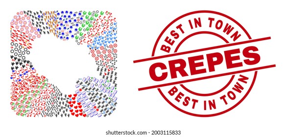 Vector collage Himachal Pradesh State map of different pictograms and Best in Town Crepes seal. Collage Himachal Pradesh State map created as subtraction from rounded square shape.