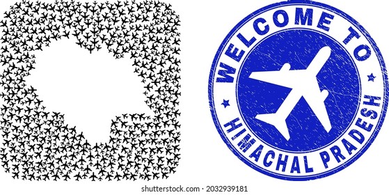 Vector collage Himachal Pradesh State map of sky jet items and grunge Welcome badge.