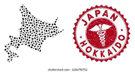 Vector collage Hokkaido Island map and red rounded distressed stamp seal with medicine symbol. Hokkaido Island map collage constructed with ellipse items. Red rounded medic seal stamp,