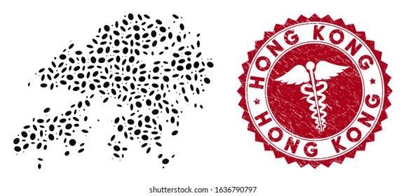 Vector collage Hong Kong map and red round distressed stamp seal with medic icon. Hong Kong map collage formed with oval items. Red round medic seal, with distress texture.