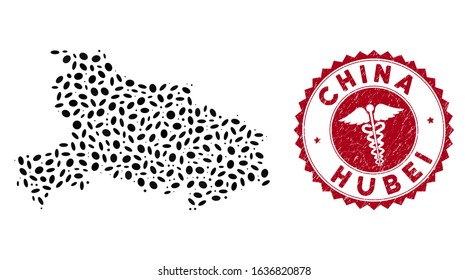 Vector collage Hubei Province map and red round rubber stamp watermark with caduceus icon. Hubei Province map collage constructed with oval spots. Red rounded healthcare stamp, with scratched texture.