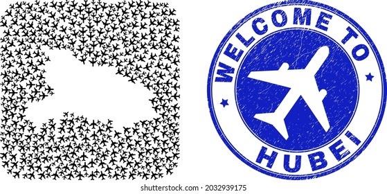 Vector sammelt Hubei Provinz Karte von Luftschiffen Elemente und Grunge Willkommenszeichen. Collage geographische Hubei Provinz Karte entworfen als geschnitzte Form aus abgerundeten quadratischen Form mit Flugzeugen.