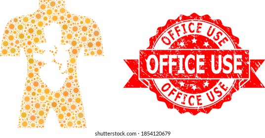 Vector collage human anatomy of corona virus, and Office Use rubber ribbon stamp seal. Virus elements inside human anatomy collage. Red seal has Office Use title inside ribbon.