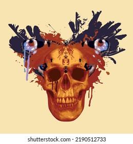 vector collage of human skull, peacock butterfly and bird feathers with spots and splashes of different colors. Creative illustration in grunge style, t-shirt print, graffiti