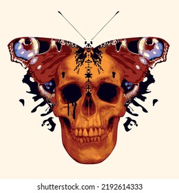 vector collage of human skull, peacock butterfly with spots of different colors and Indian ornament. Creative illustration in grunge style, t-shirt print, graffiti