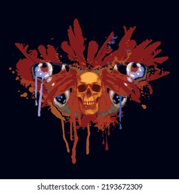 vector collage of human skull, peacock butterfly and bird feathers with spots and splashes of different colors. Creative illustration in grunge style, t-shirt print, graffiti