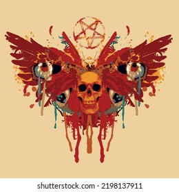 Vektorgrafik des menschlichen Schädels, des Pfauenschmetterlings und der Vogelfedern mit Flecken und Farbspritzen. Kreative Illustration im Grunge-Stil, T-Shirt-Druck, Graffiti