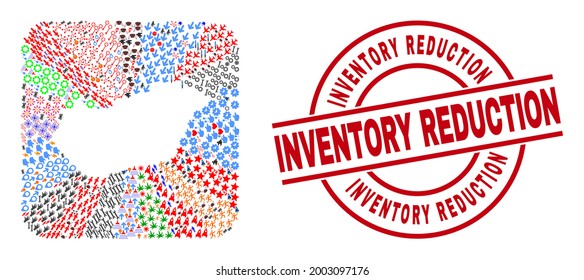 Vector collage Hungary map of different pictograms and Inventory Reduction seal. Collage Hungary map constructed as stencil from rounded square shape.