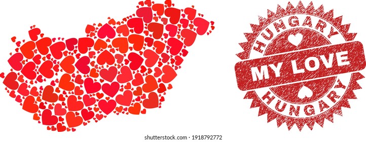 Vector sammelt Ungarn Karte von Liebesgeschichten und Grunge My Love-Siegel. Collage geographische Ungarn Karte entworfen mit Liebe Herzen. Rosette Robbe mit unscharfer Gummistruktur und meinem Liebestext.