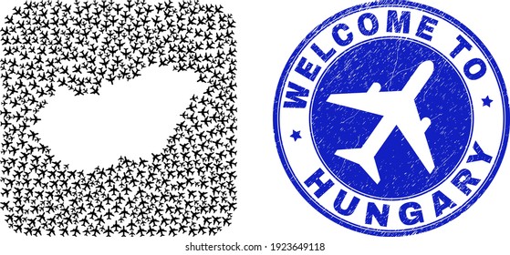 Vector collage Hungary map of tourism items and grunge Welcome seal stamp. Collage geographic Hungary map constructed as carved shape from rounded square with air tourism.