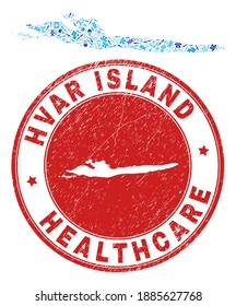 Vector collage Hvar Island map with dose icons, receipt symbols, and grunge health care rubber imitation. Red round imprint with grunge rubber texture and Hvar Island map word and map.