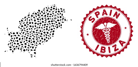 Vector collage Ibiza Island map and red rounded rubber stamp watermark with medicine symbol. Ibiza Island map collage created with elliptic spots. Red rounded medicine seal stamp, with dirty texture.