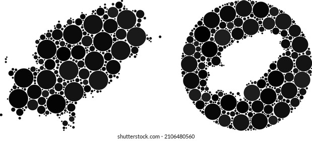 Collage vectorial de la isla de Ibiza mapa de elementos esféricos. El mapa geográfico mosaico de la isla de Ibiza está diseñado como forma tallada de forma redonda con elementos redondeados en tonos negros.