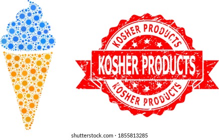 Vector collage ice cream of flu virus, and Kosher Products dirty ribbon stamp seal. Virus cells inside ice cream collage. Red stamp seal includes Kosher Products title inside ribbon.