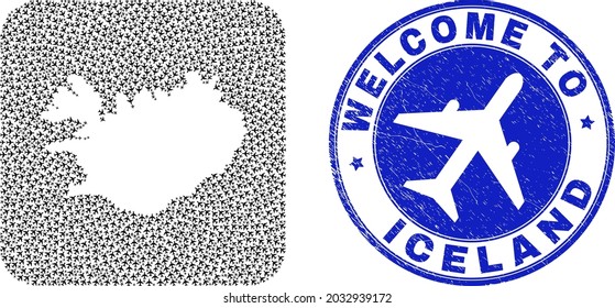 Vector collage Iceland map of tourism items and grunge Welcome seal stamp. Collage geographic Iceland map constructed as carved shape from rounded square shape with air tourism.
