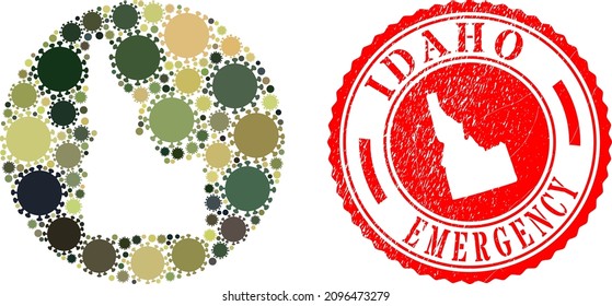 Vector collage Idaho State map of SARS virus items and grunge EMERGENCY badge.