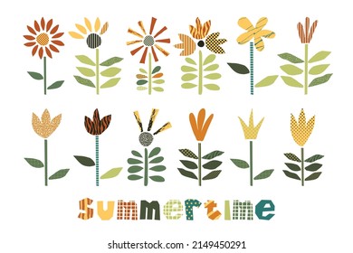 Vektorgrafik mit ausgeschnittenen Papierblumen. Summertime Collage Lettering. Schneide die Buchstaben aus. Farbenfrohe abstrakte Vektorpapier-Handwerk Sommerblumen.