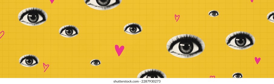 Vector collage illustration. Pattern with eyes and doodles of hearts. Bright modern banner. Checkered grid background as a print for teenage notebooks. 