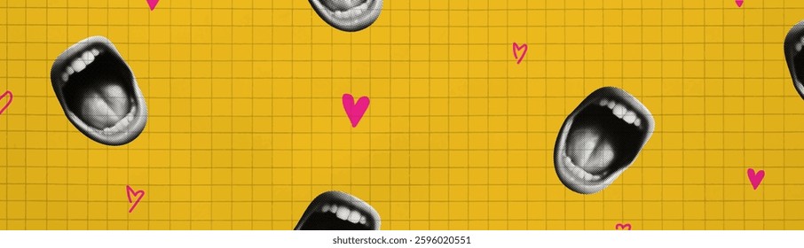 Vector collage illustration. Pattern with eyes and doodles of hearts. Bright modern banner. Checkered background as a print for teenage notebooks. 