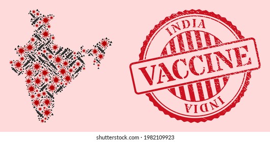 Vector collage India map of coronavirus, vaccine icons, and red grunge vaccine seal stamp. Virus elements and vaccine items inside India map. Red stamp with scratched rubber texture and vaccine tag.
