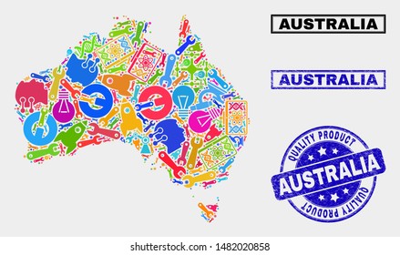 Vector collage of industrial Australia map and blue seal for quality product. Australia map collage formed with tools, wrenches, industry symbols.