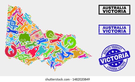 Vector collage of industrial Australian Victoria map and blue seal stamp for quality product. Australian Victoria map collage constructed with tools, wrenches, production icons.