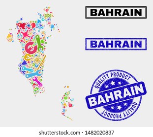 Vector collage of industrial Bahrain map and blue seal stamp for quality product. Bahrain map collage created with tools, spanners, production icons.