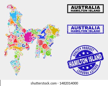 Vector collage of industrial Hamilton Island map and blue seal stamp for quality product. Hamilton Island map collage composed with tools, spanners, production icons.