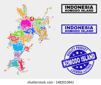 Vector collage of industrial Komodo Island map and blue stamp for quality product. Komodo Island map collage designed with tools, spanners, production icons.