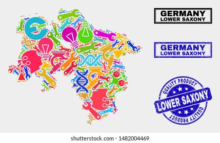 Vector collage of industrial Lower Saxony Land map and blue stamp for quality product. Lower Saxony Land map collage composed with equipment, wrenches, production symbols.