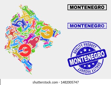 Vector collage of industrial Montenegro map and blue seal for quality product. Montenegro map collage created with equipment, spanners, science symbols.