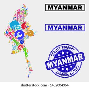 Vector collage of industrial Myanmar map and blue stamp for quality product. Myanmar map collage made with tools, wrenches, industry symbols.