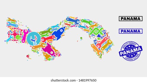 Vector collage of industrial Panama map and blue seal stamp for quality product. Panama map collage designed with tools, wrenches, industry icons.