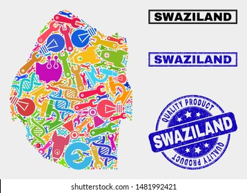 Vector collage of industrial Swaziland map and blue seal stamp for quality product. Swaziland map collage designed with tools, wrenches, science icons.