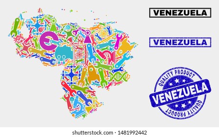 Vector collage of industrial Venezuela map and blue seal stamp for quality product. Venezuela map collage designed with equipment, spanners, industry symbols.