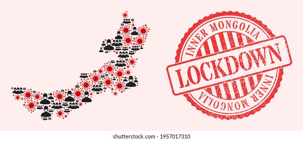 Vector collage Inner Mongolia map of corona virus, masked people and red grunge lockdown stamp. Virus particles and people in masks inside Inner Mongolia map.