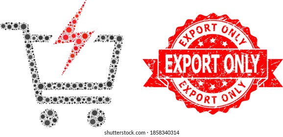 Vector collage instant shopping of corona virus, and Export Only textured ribbon stamp. Virus cells inside instant shopping collage. Red stamp has Export Only caption inside ribbon.