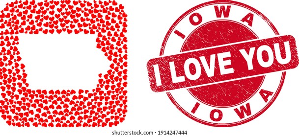 Vector collage Iowa State map of love heart items and grunge love badge. Mosaic geographic Iowa State map constructed as subtraction from rounded square shape with love hearts.