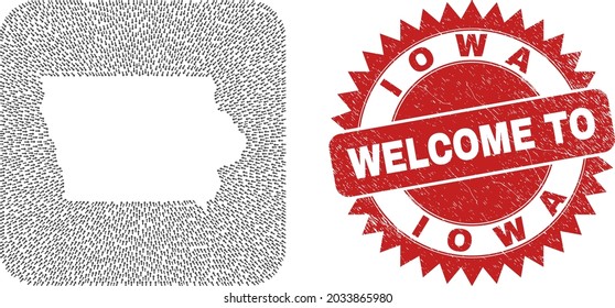 Vector collage Iowa State map of pointing arrows and rubber Welcome badge. Collage geographic Iowa State map constructed as carved shape from rounded square shape using motion arrows.